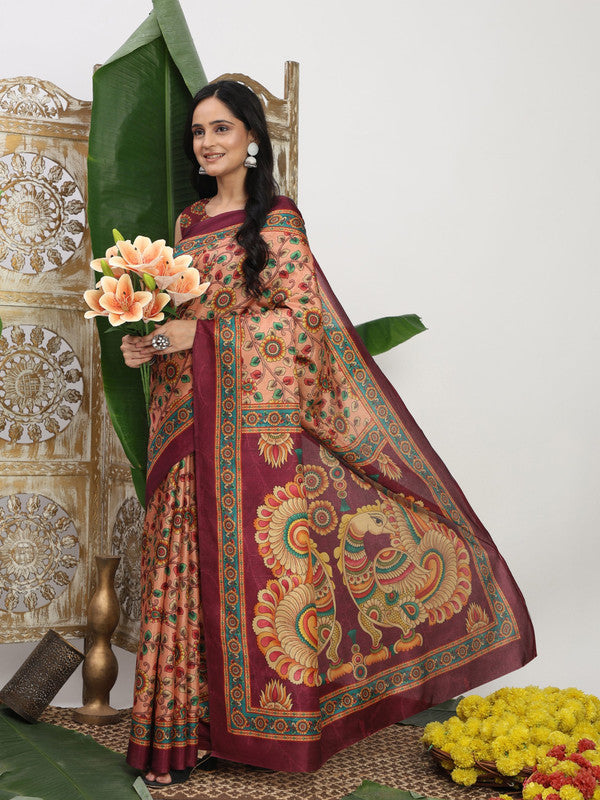 Shivam Fabrics Pink Tussar Silk Fabric Printed Saree | Grocsy
