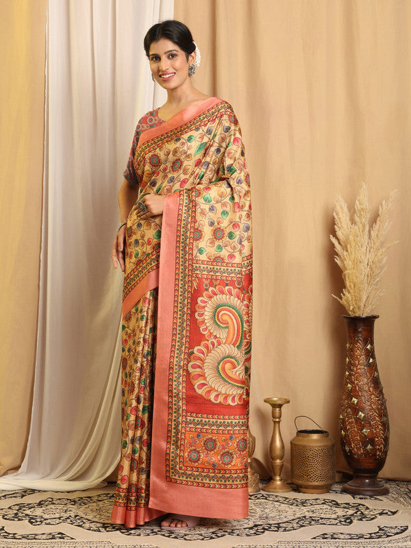 Shivam Fabrics Beige Tussar Silk Fabric Printed Saree | Grocsy