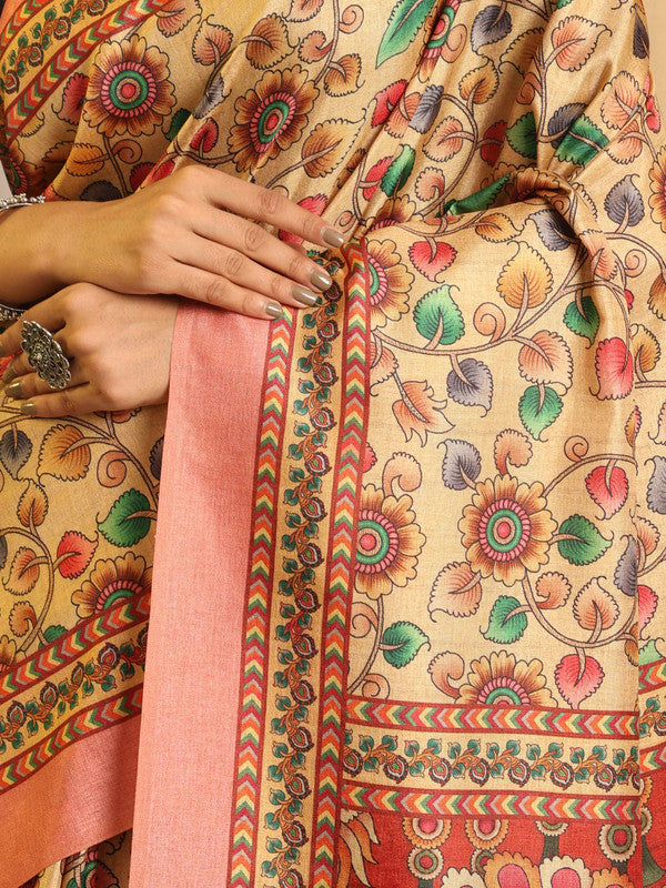 Shivam Fabrics Beige Tussar Silk Fabric Printed Saree | Grocsy
