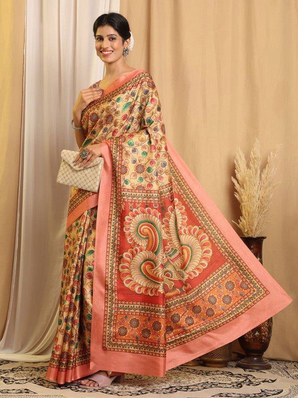 Shivam Fabrics Beige Tussar Silk Fabric Printed Saree | Grocsy