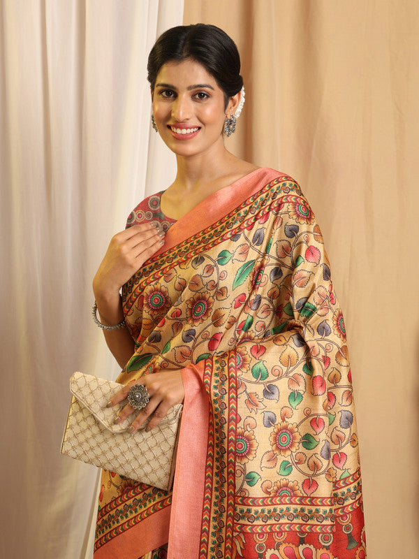 Shivam Fabrics Beige Tussar Silk Fabric Printed Saree | Grocsy
