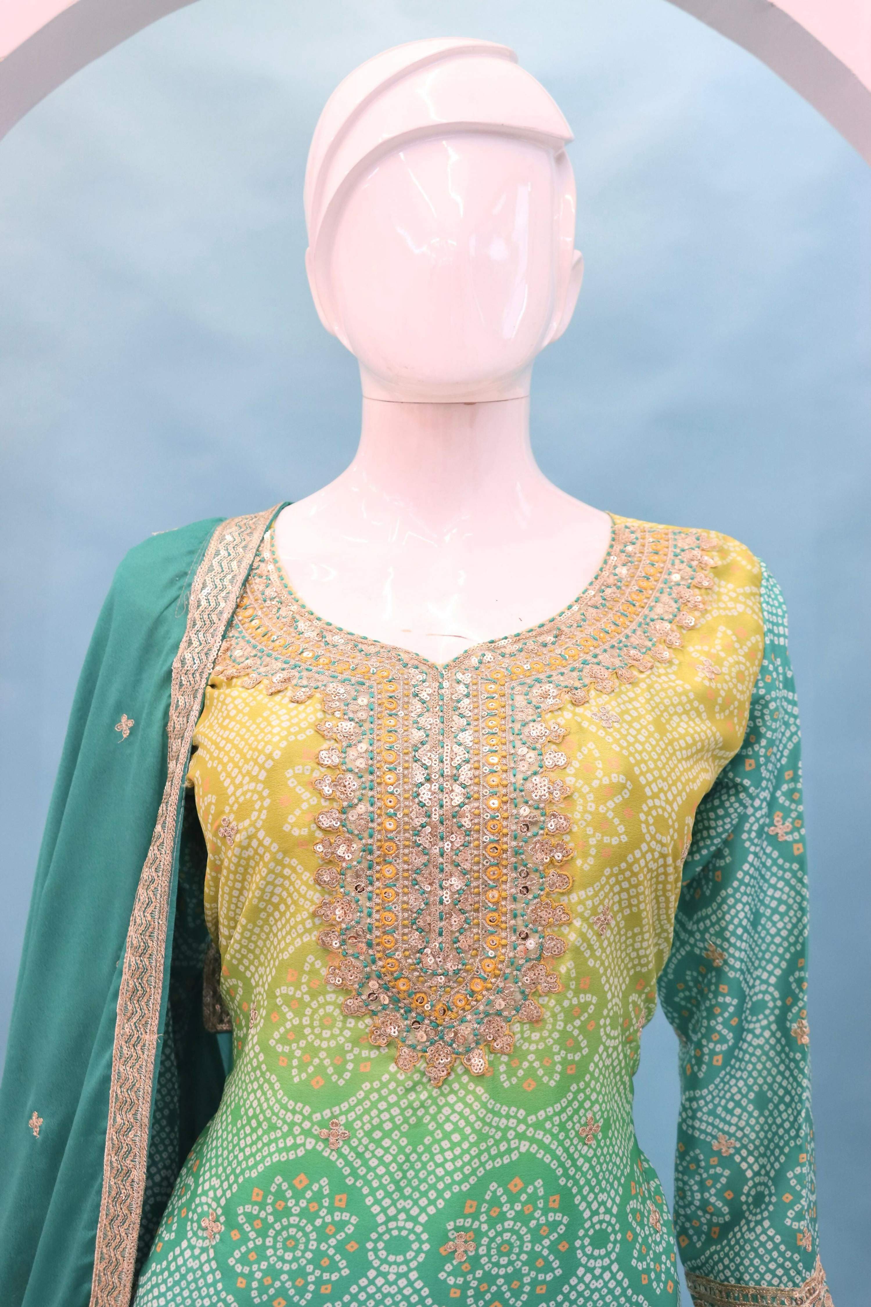 Anaita Green Digital print with Embroidered Silk Stitched Plazo Suit | Grocsy