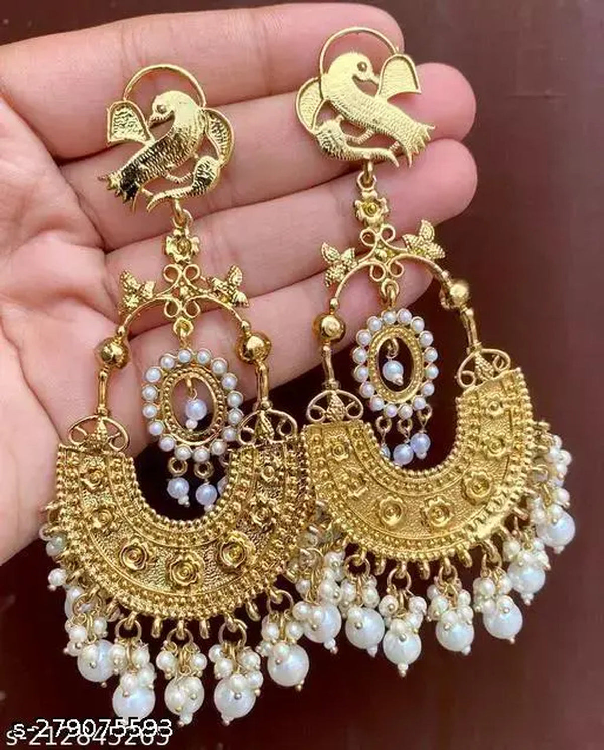 Jewel City Traditional Gold-Plated Chandbali Earrings with Bird Motif and Pearl Drops – Perfect for Weddings & Festive Occasions | Grocsy