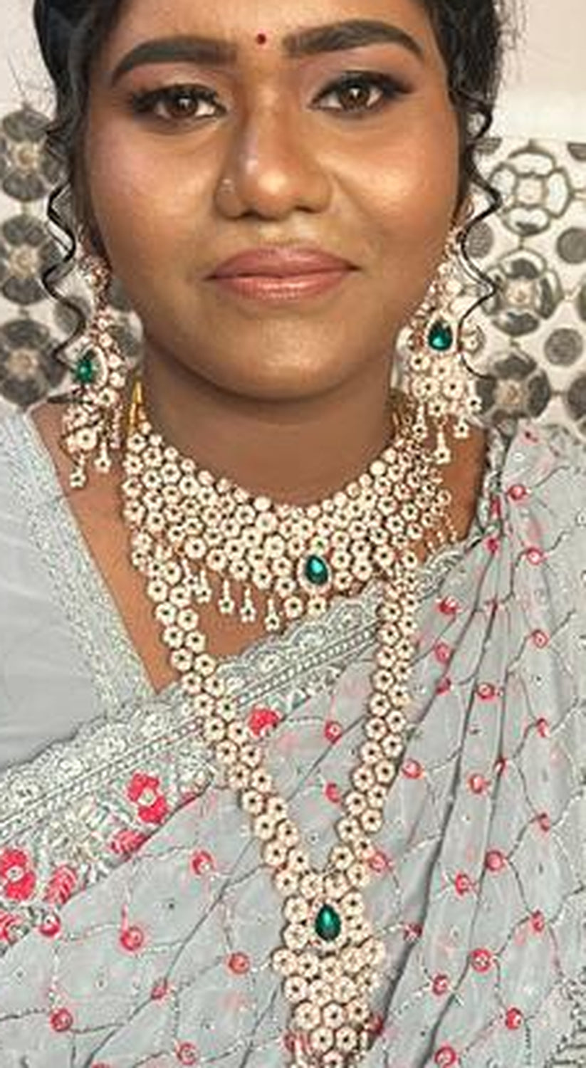 Jewel City Emerald Green Bridal Jewelry Set - Premium AD Choker Set with Nath, Earrings & Hand Chain - Handcrafted Wedding Collection Kundan Style | Grocsy