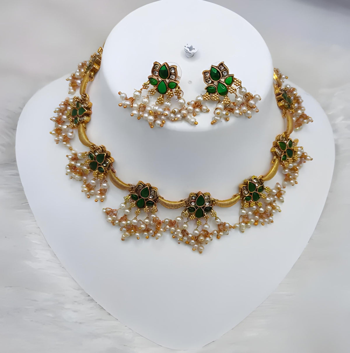 Jewel City Delicate Pearl and Green Necklace Set - Antique Gold Floral Design with Matching Earrings | Grocsy
