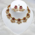 Jewel City Delicate Pearl and Red Necklace Set - Antique Gold Floral Design with Matching Earrings | Grocsy