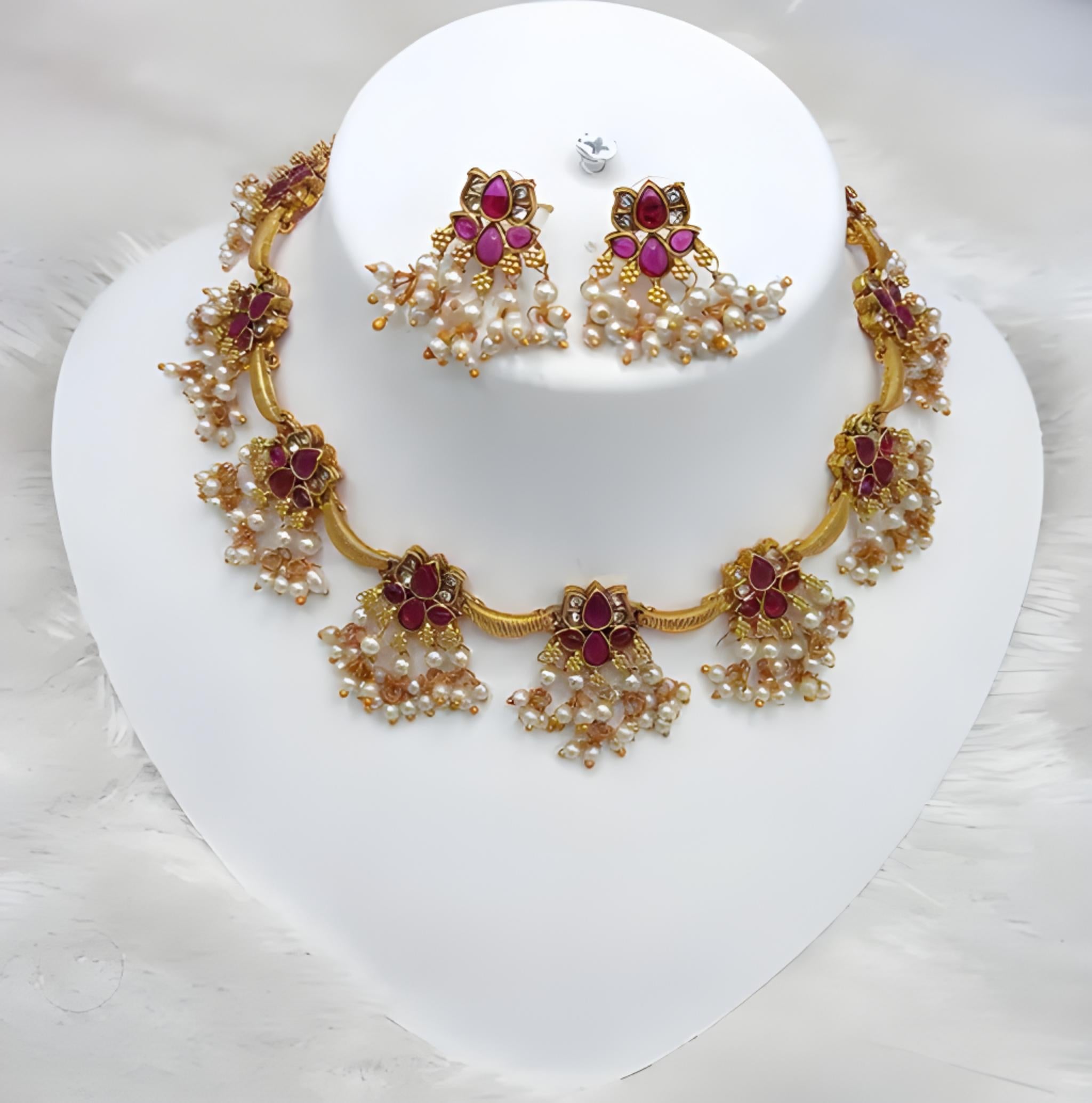 Jewel City Delicate Pearl and Red Necklace Set - Antique Gold Floral Design with Matching Earrings | Grocsy