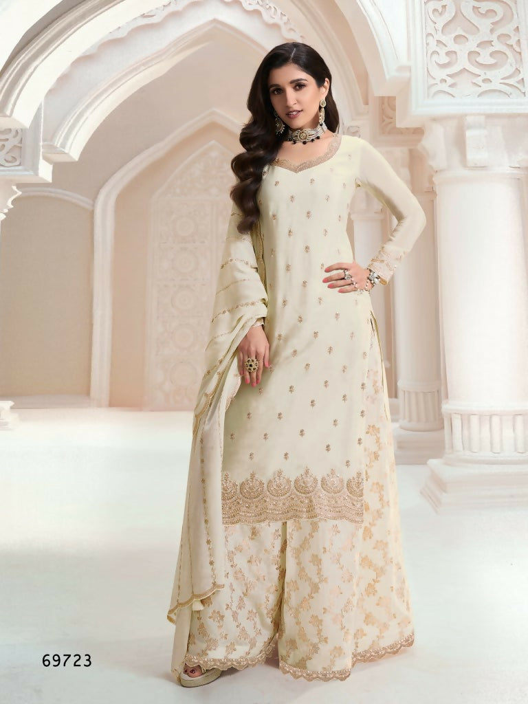 Vastranavya Exquisite Off White Heavy Chinon with Embroidered & Sequins Work Salwar Suits | Grocsy