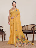 Dwija Fashion Yellow Casual Wear Linen Saree Mirror Work With Unstitched Blouse | Grocsy