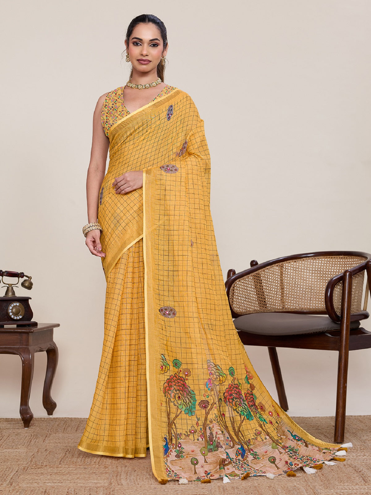 Dwija Fashion Yellow Casual Wear Linen Saree Mirror Work With Unstitched Blouse | Grocsy