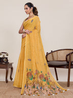 Dwija Fashion Yellow Casual Wear Linen Saree Mirror Work With Unstitched Blouse | Grocsy