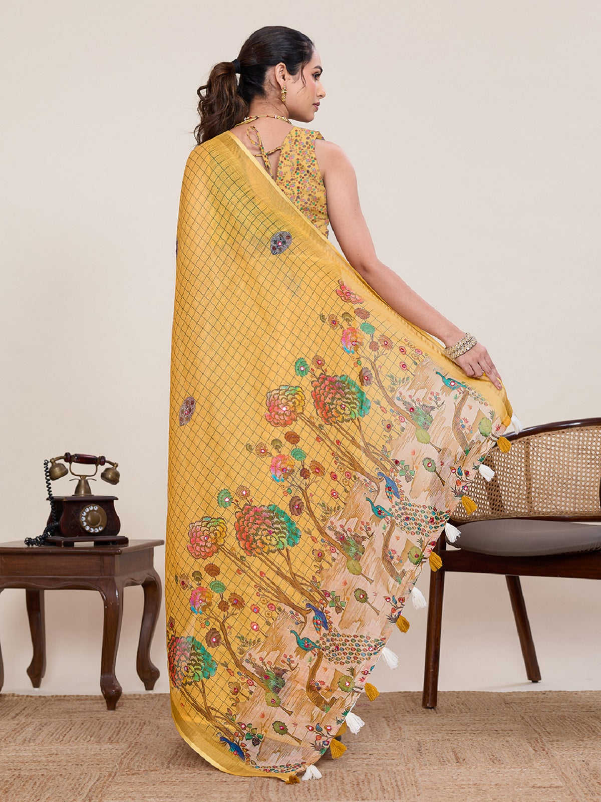 Dwija Fashion Yellow Casual Wear Linen Saree Mirror Work With Unstitched Blouse | Grocsy