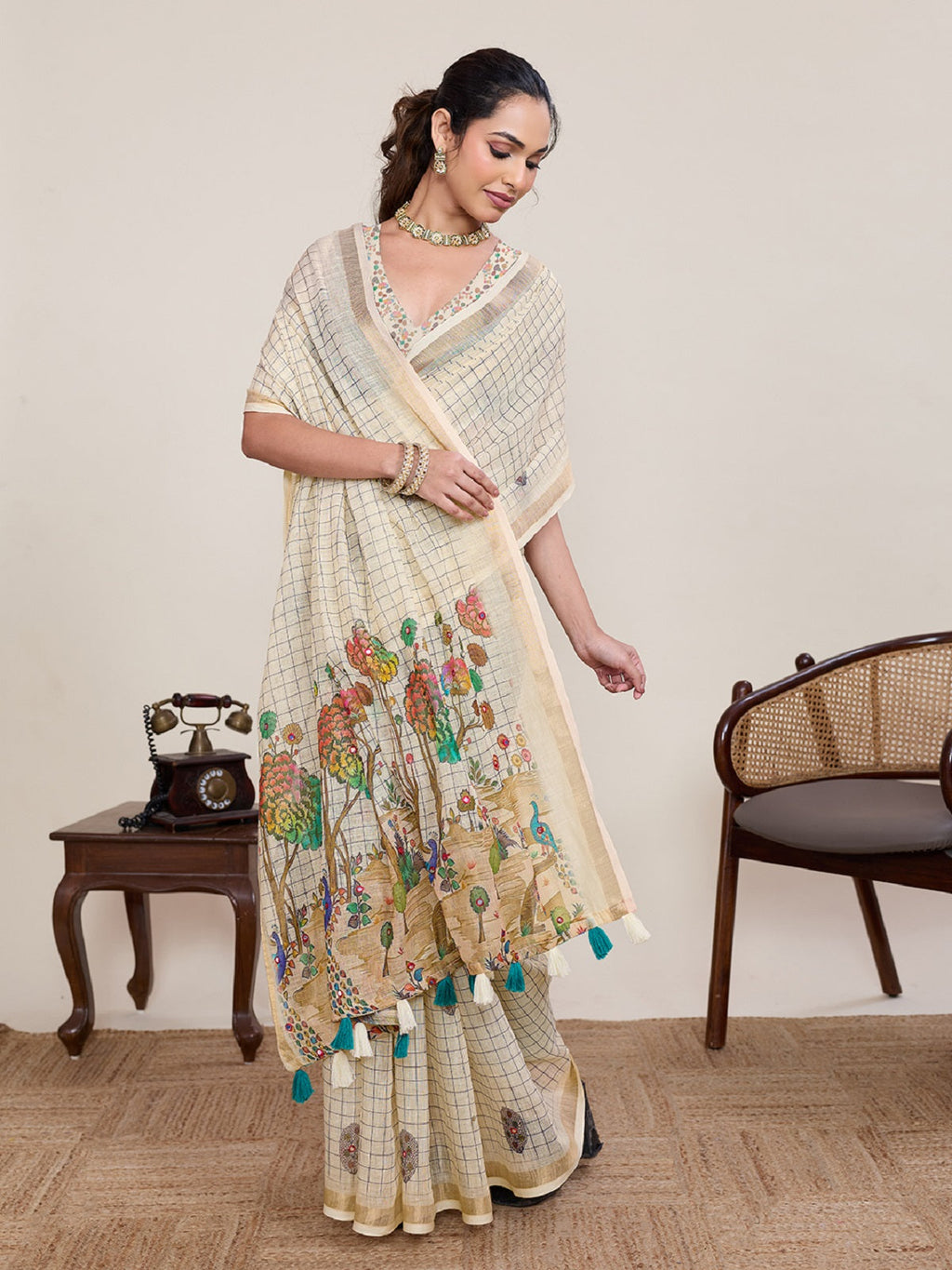 Dwija Fashion Ivory Casual Wear Linen Saree Mirror Work With Unstitched Blouse | Grocsy