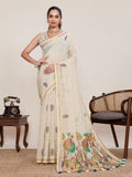 Dwija Fashion Ivory Casual Wear Linen Saree Mirror Work With Unstitched Blouse | Grocsy
