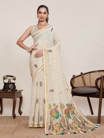 Dwija Fashion Ivory Casual Wear Linen Saree Mirror Work With Unstitched Blouse
