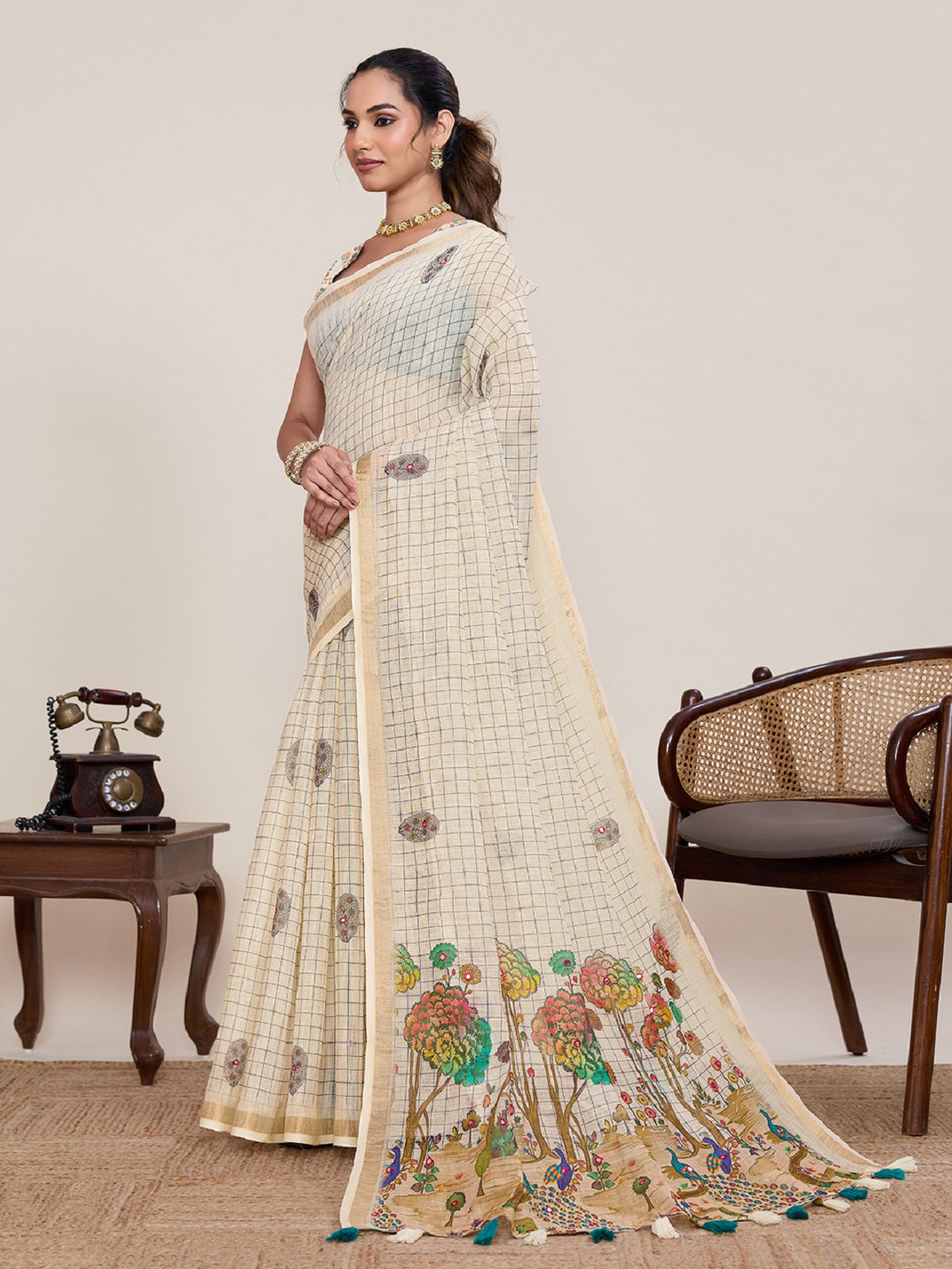 Dwija Fashion Ivory Casual Wear Linen Saree Mirror Work With Unstitched Blouse | Grocsy