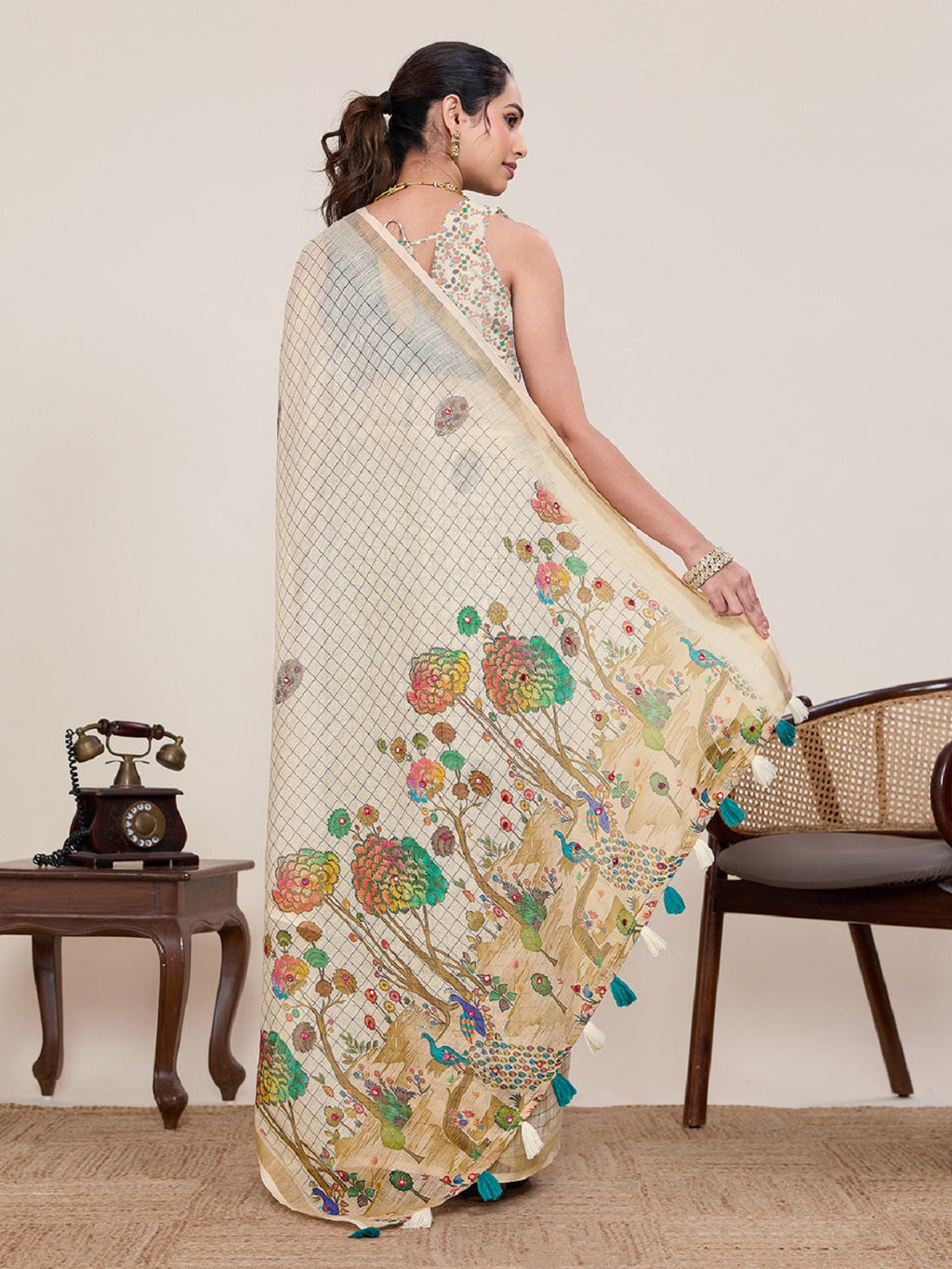 Dwija Fashion Ivory Casual Wear Linen Saree Mirror Work With Unstitched Blouse | Grocsy