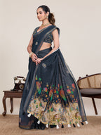 Dwija Fashion Black Casual Wear Linen Saree Mirror Work With Unstitched Blouse | Grocsy