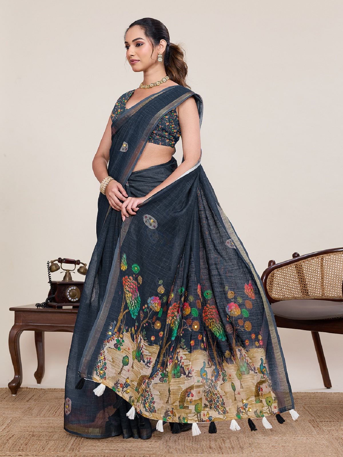 Dwija Fashion Black Casual Wear Linen Saree Mirror Work With Unstitched Blouse | Grocsy