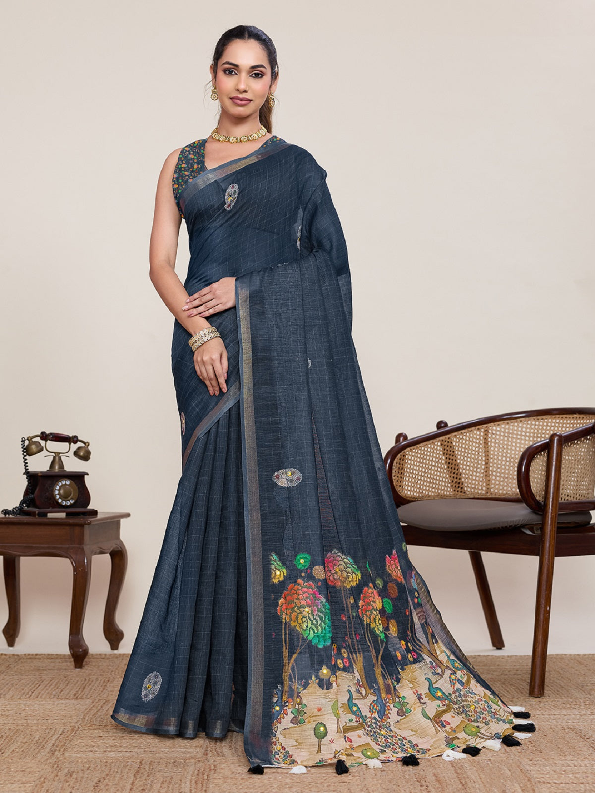 Dwija Fashion Black Casual Wear Linen Saree Mirror Work With Unstitched Blouse | Grocsy