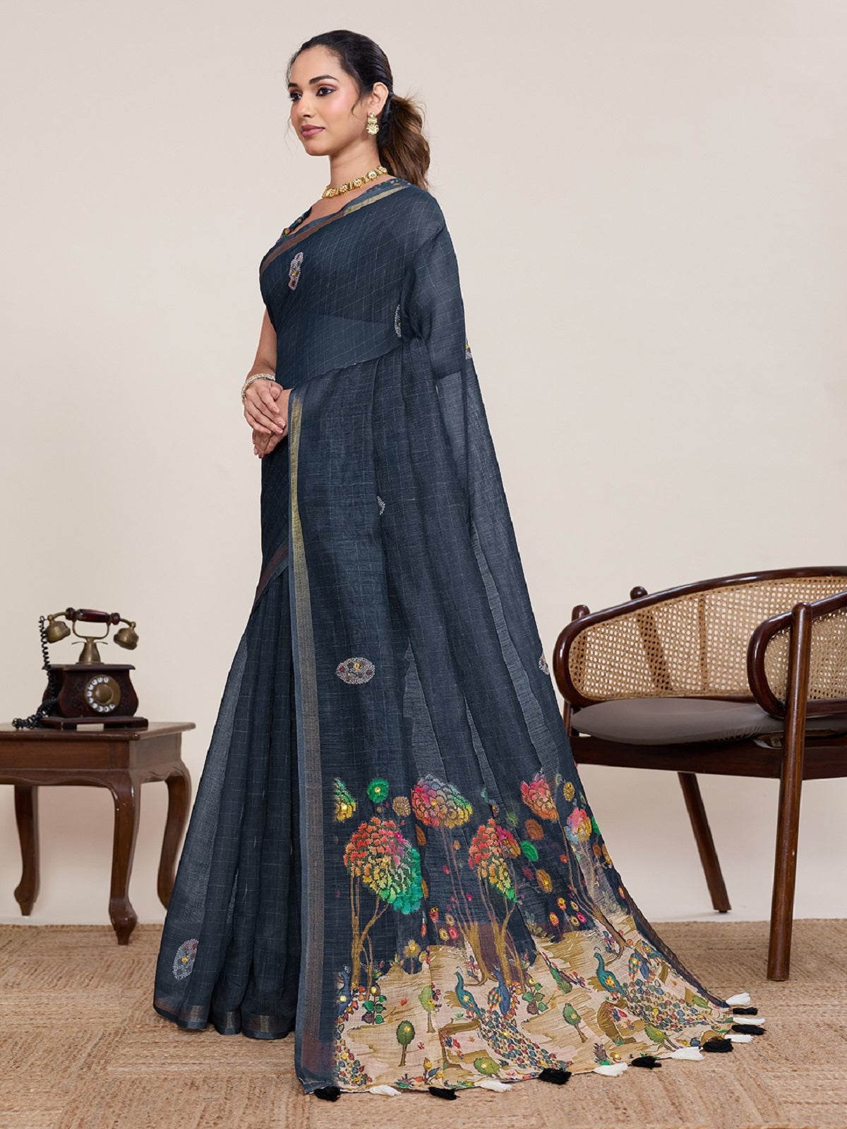 Dwija Fashion Black Casual Wear Linen Saree Mirror Work With Unstitched Blouse | Grocsy
