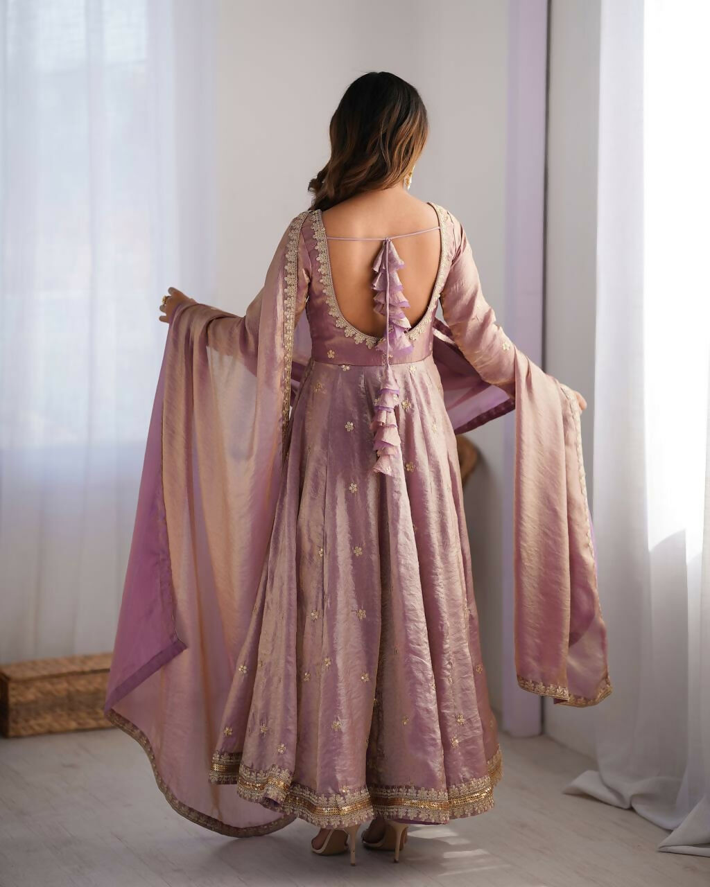 The52 Women's Beautiful Fandy Silk Fabric Embroidery Work Flared Anarkali Pant and Dupatta Set | Grocsy