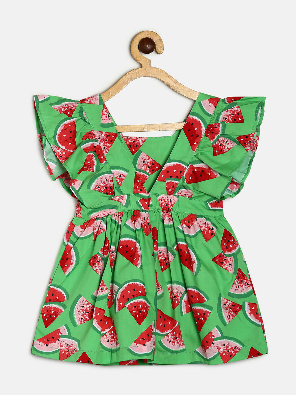 Manet Girls Cotton V Neck Frill Frock Watermelon Printed - Green | Grocsy