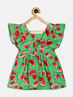 Manet Girls Cotton V Neck Frill Frock Watermelon Printed - Green | Grocsy
