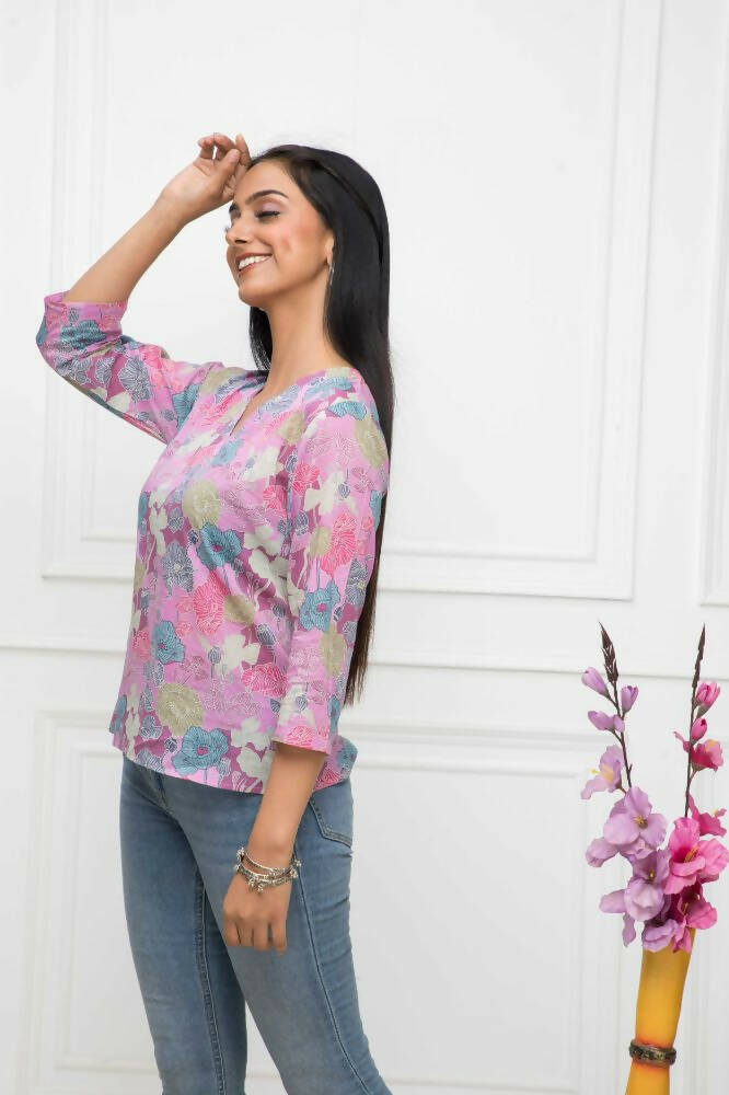 Myshka Women Multi Floral V-Neck Regular Sleeves Viscose Rayon Top | Grocsy