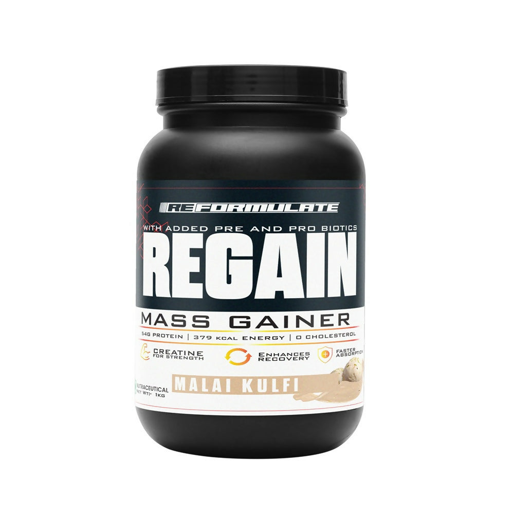 Reformulate Regain I Mass Gainer with Added Pre and Pro Biotics I 364 Energy | 1.5 Creatine - Malai Kulfi | Grocsy