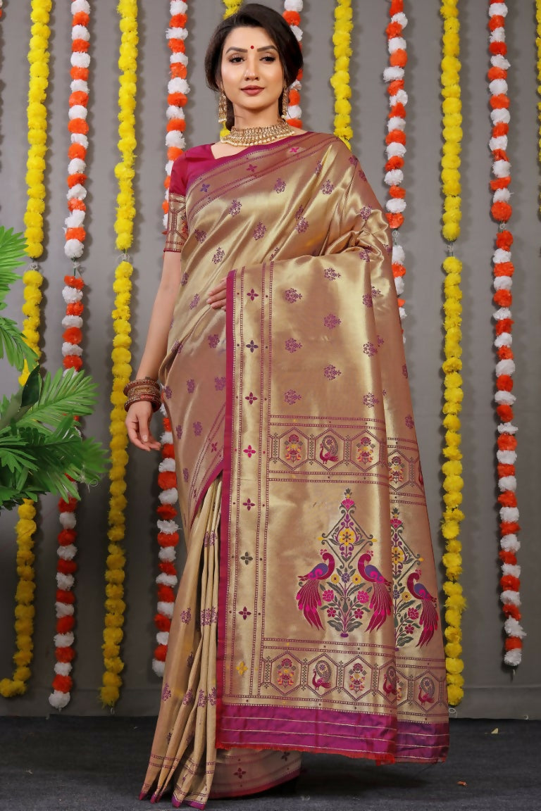 Jyoti Fashion Women's Wine Paithani Silk Zari Woven Saree with Blouse | Grocsy