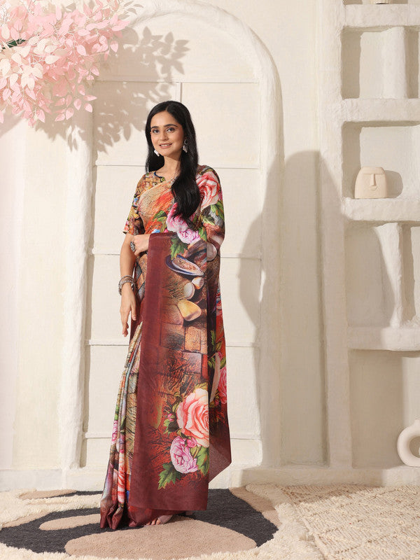 Shivam Fabrics Multi Color Turkey Fabric Printed Saree | Grocsy