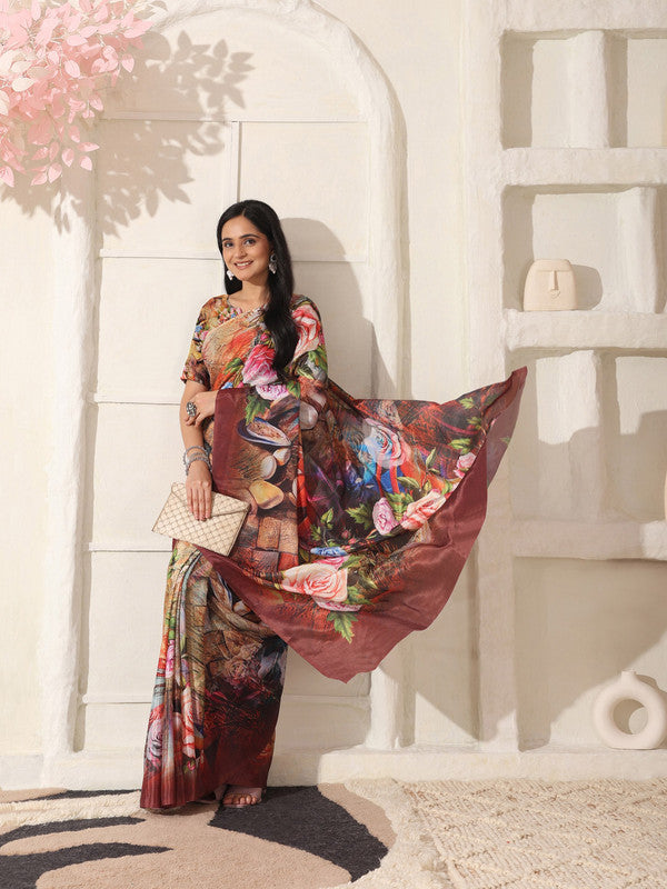 Shivam Fabrics Multi Color Turkey Fabric Printed Saree | Grocsy