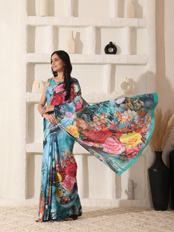 Shivam Fabrics Sky Blue Turkey Fabric Printed Saree | Grocsy