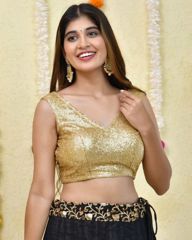 Amodini Designer Studio Golden Sequined Sleeveless Blouse | Grocsy