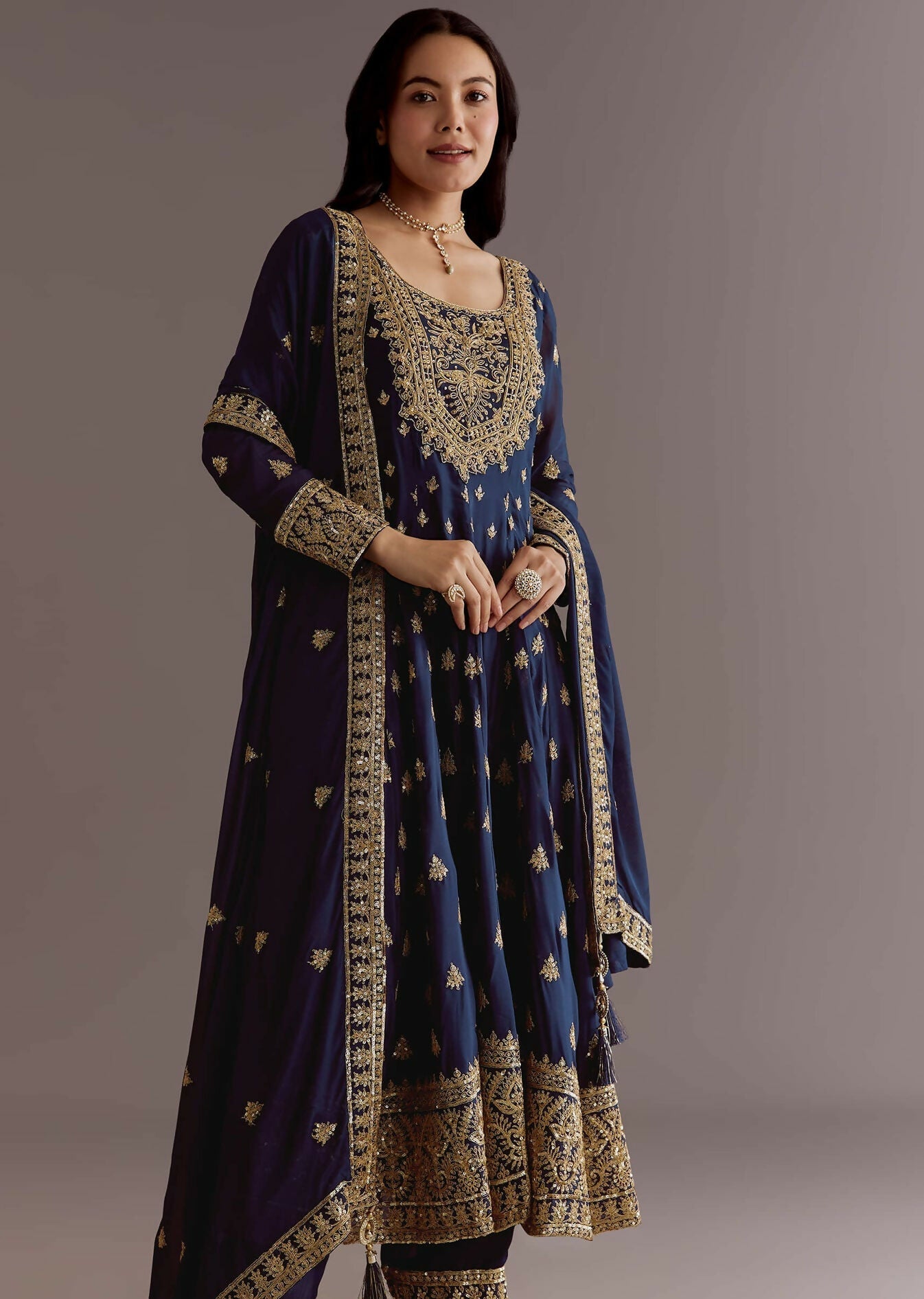 Teeya Creation Blue Color Chinnon Silk Embroidery Work Gown | Grocsy