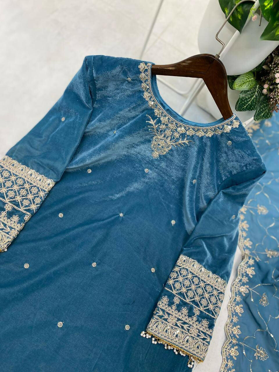 Vastranavya Blue Velvet Sequence Embroidery Work Kurta & Bottom With Dupatta | Grocsy
