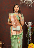 Lorenvalley Fashion Seagreen Cotton with Woven Design Zari Weaving Saree | Grocsy