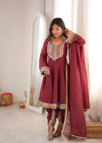 Teeya Creation New Women's Maroon Designer Peplum Kurti with Dhoti Salwar and Multicolor Embroidered Border | Grocsy