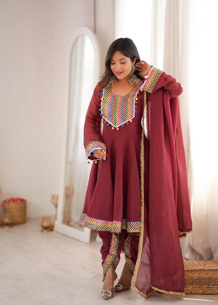 Teeya Creation New Women's Maroon Designer Peplum Kurti with Dhoti Salwar and Multicolor Embroidered Border | Grocsy