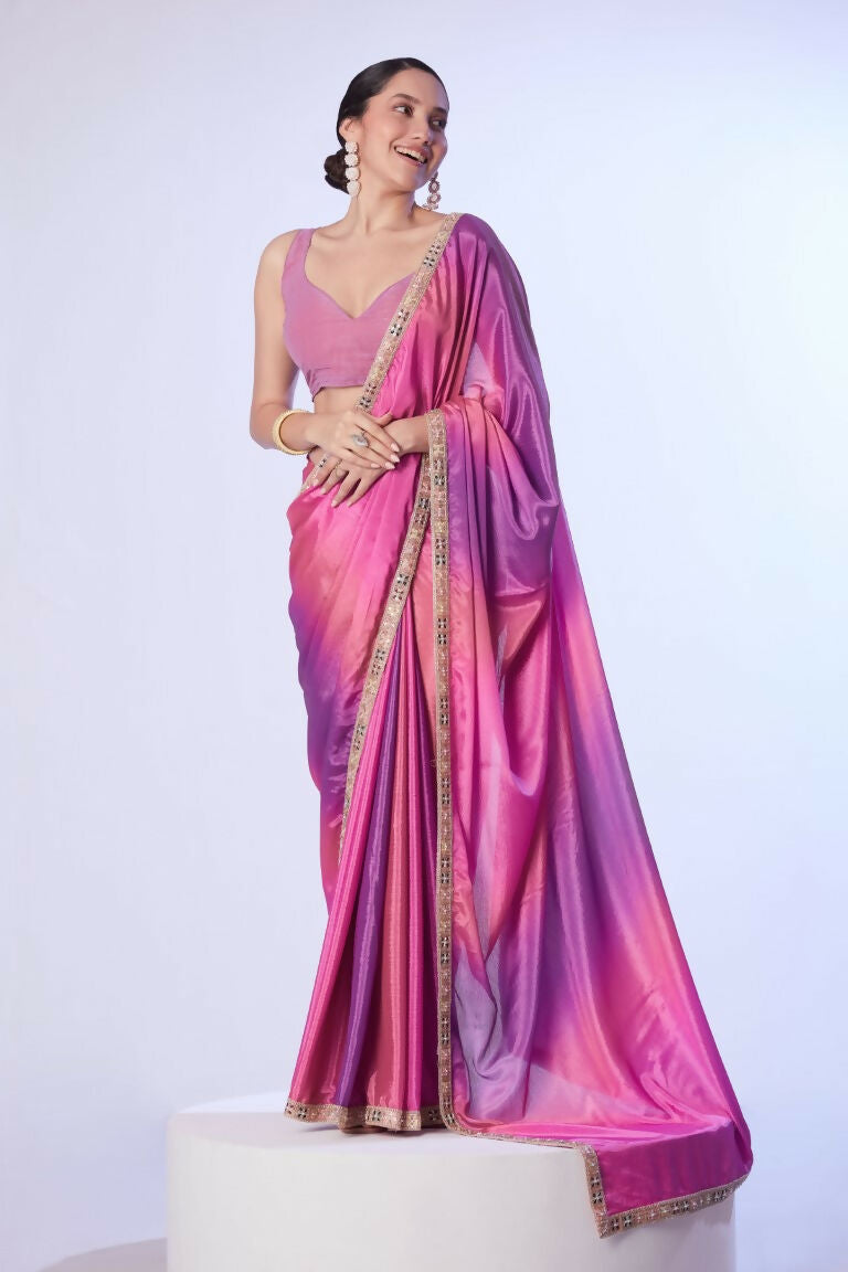 Pink Chinon Solid Designer & Lace Work Saree - Samaa | Grocsy