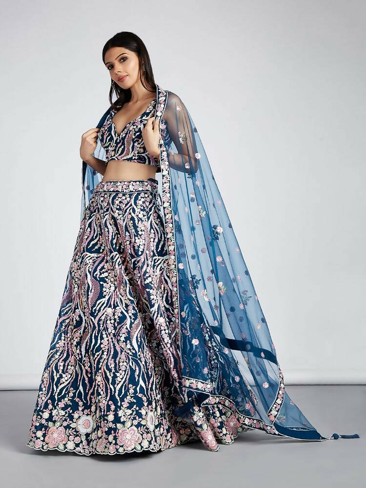 House of Panchhi Navy Blue Net Sequins And Thread Embroidery Lehenga Choli & Dupatta | Grocsy