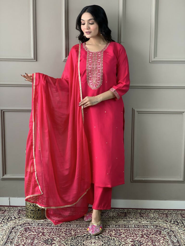 Rani Viscose chanderi Stitched Suit With Dupatta - Tanisha | Grocsy