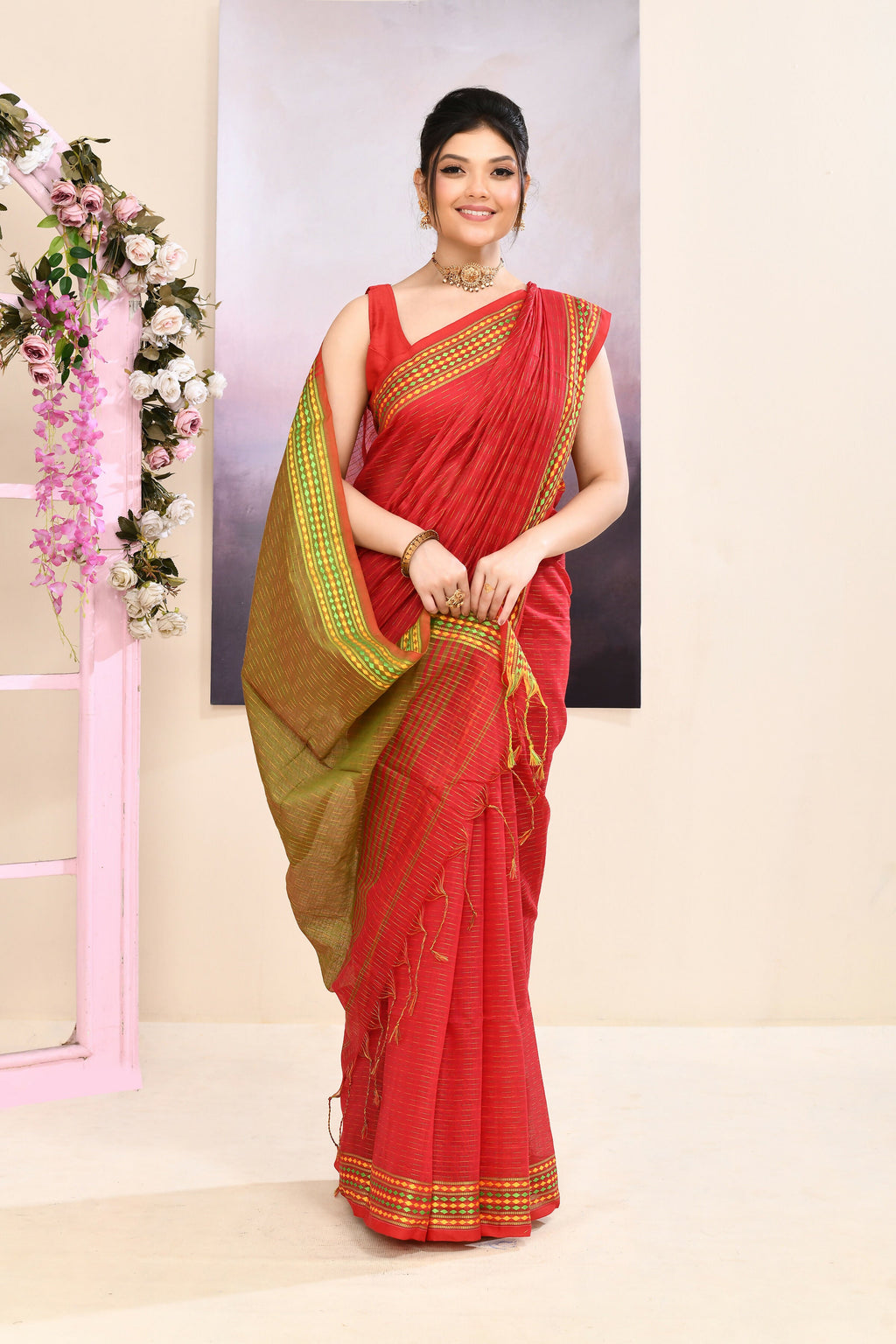 Piyari Fashion Women's Red Embellished Cotton Blend Jamdani Saree | Grocsy