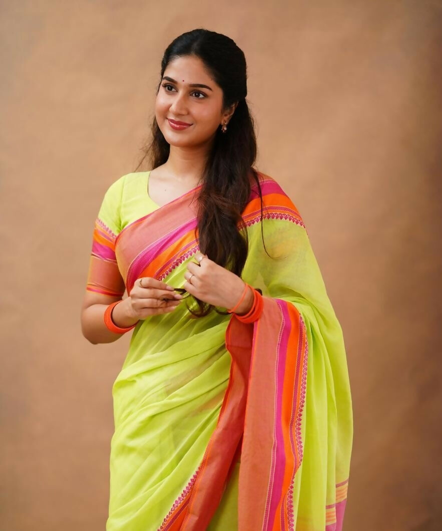Exclusive Collection Light Green Beautiful Khadi Cotton Handloom Saree | Grocsy