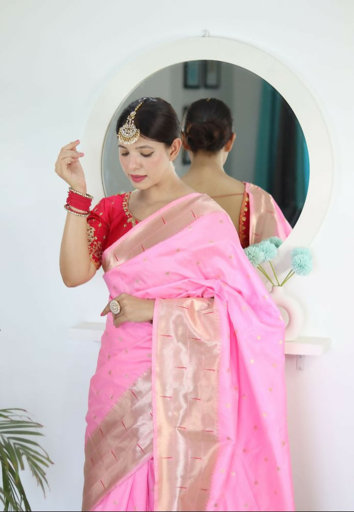 Pink Woven Jacquard Designer Embroidery Work Party Wear Saree - Parampara | Grocsy