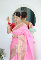 Pink Woven Jacquard Designer Embroidery Work Party Wear Saree - Parampara | Grocsy