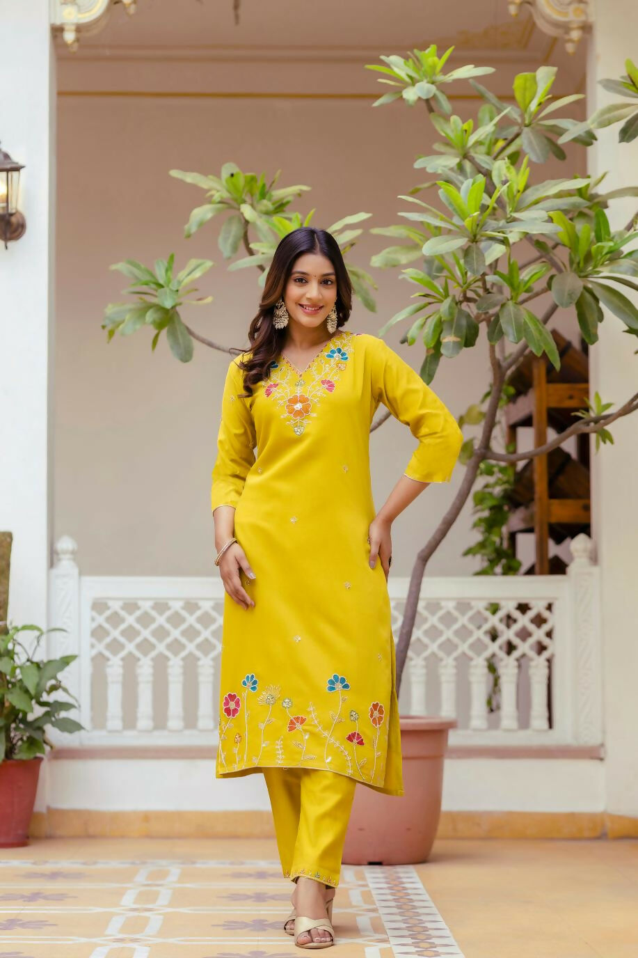 The52 Yellow Women's Gorgeous Embroidered work Viscose Gadhwal Fabric Straight Kurta, Pant and Dupatta Set | Grocsy