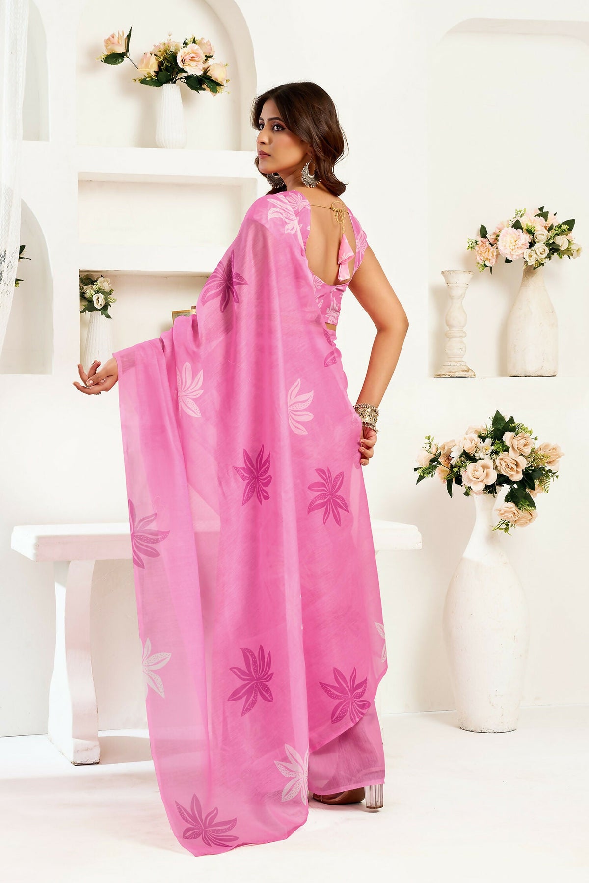 Joban Fashion Pink Floral Linen Ready To Wear Saree With Unstitched Blouse | Grocsy