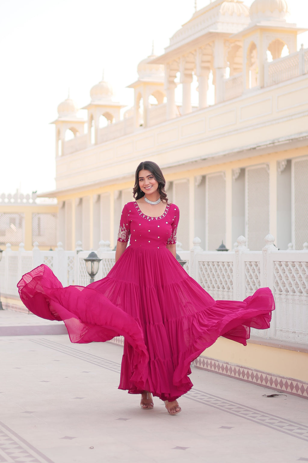 Sonakshi Women's Rani Pink Faux Blooming Sequins with Zari Embroidered Long Anarkali Dress | Grocsy